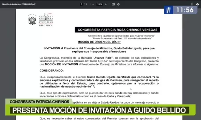 Congresista Chirinos Presenta Moci N De Invitaci N A Bellido Para Que