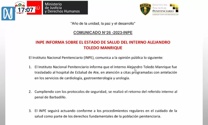 INPE Alejandro Toledo fue trasladado a hospital en atención a citas