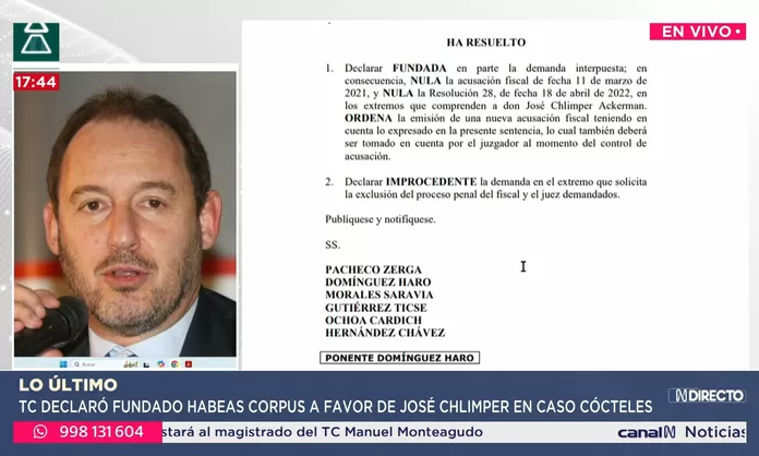 Declaran fundado habeas corpus a favor de José Chlimper Canal N