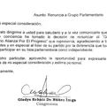 La carta de renuncia de Gladys Echaíz a la bancada de Alianza Para el Progreso