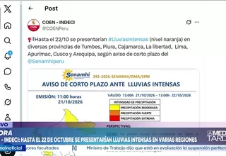 COEN emite alerta naranja por lluvias en ocho regiones del Perú