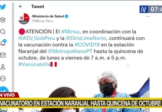 COVID-19: Vacunatorio de la Estación Naranjal permanecerá hasta quincena de octubre 