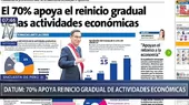 Datum: 70 % de peruanos a favor del retorno progresivo de actividades económicas - Noticias de datum