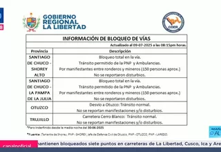 Gobierno de La Libertad reporta bloqueos de mineros en dos vías