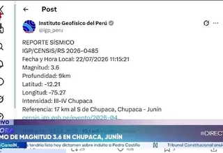 IGP reporta sismo de magnitud 3.6 en Junín