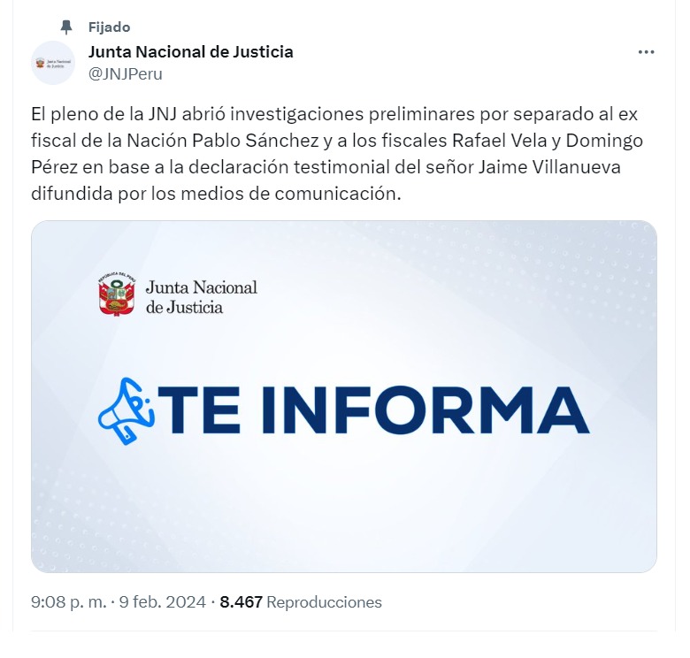 El pleno de la JNJ abrió investigaciones preliminares al exfiscal de la Nación Pablo Sánchez y a fiscales Rafael Vela y Domingo Pérez - Foto: @JNJPeru