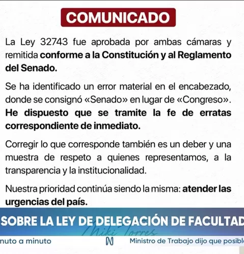 Miguel Torres anuncia fe de erratas por error en el encabezado de la ley de facultades legislativas