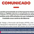 Ministerio del Trabajo pide ser flexibles con el personal tras emergencia en aeropuerto Jorge Ch&aacute;vez