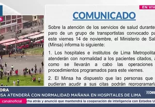 Minsa asegura atención normal en hospitales de Lima este viernes