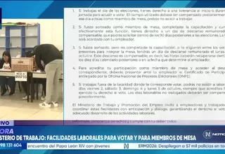Ministerio de Trabajo: Trabajadores tendrán facilidades para acudir a votar y cumplir como miembros de mesa