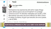 Ugarte: "Rechazamos expresiones de López Aliaga sobre la vacuna Sinopharm" - Noticias de sinopharm