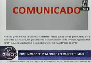 PCM sobre Tumán: "Se convocará a autoridades para propiciar el diálogo"