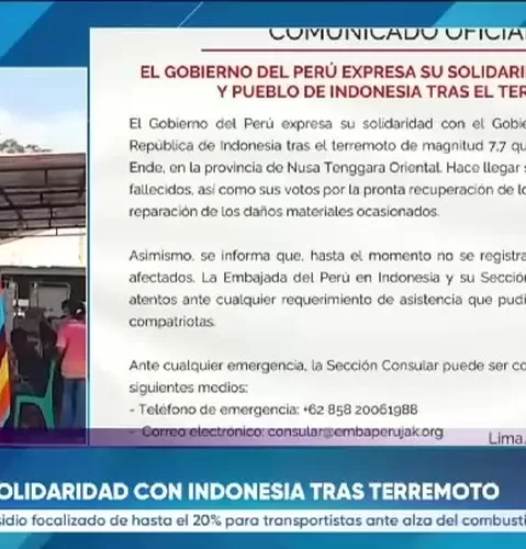 Perú expresa solidaridad con Indonesia tras terremoto de magnitud 7,7 en Ende