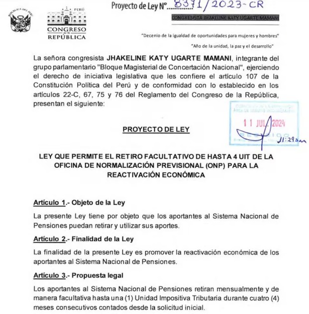 Proyecto de Ley presentado por Katy Ugarte