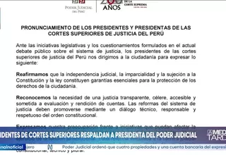 Presidentes de las cortes superiores de justicia respaldan a Janet Tello
