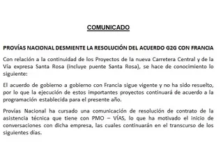 Provías aclara vigencia de acuerdo con Francia sobre obras viales