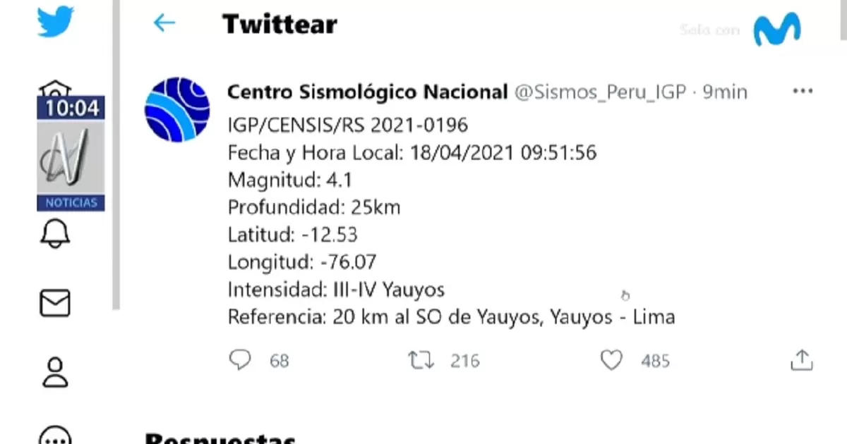 Lima Sismo De Magnitud 4 1 Se Registro Esta Manana En Yauyos Canal N