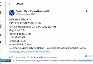 Sismo de magnitud 3.8 se registró en el Callao, informa IGP