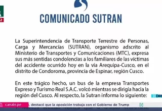 SUTRAN se pronuncia sobre volcadura de bus en Espinar, Cusco