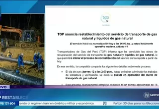 TGP restablece transporte de gas natural tras reparación de ducto