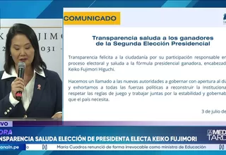 Transparencia saluda triunfo de Keiko Fujimori en elecciones