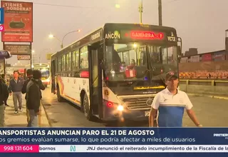 Gremios de transporte anuncian paro en Lima y Callao el 21 de agosto por extorsiones