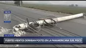 Pisco: fuertes vientos derriban cuatro postes en la Panamericana Sur - Noticias de fuertes-vientos