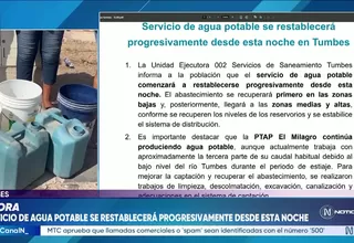 Servicio de agua en Tumbes se restablecerá progresivamente este martes